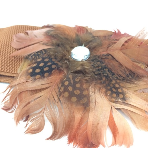 3/$30 VINTAGE FEATHER STRETCH BELT WIDE BROWN RHINESTONE ELASTIC FAUX LEATHER - Picture 9 of 14